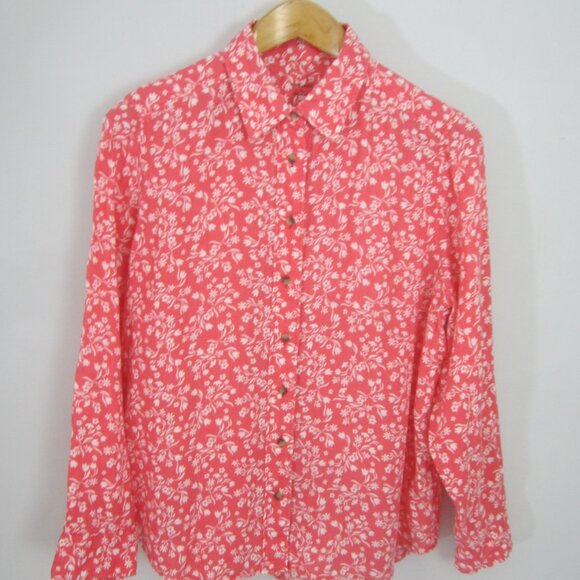 Pure Linen Brand Womens 14 Coral Pink White Floral LS 100% Linen Button Shirt XL - Picture 8 of 8